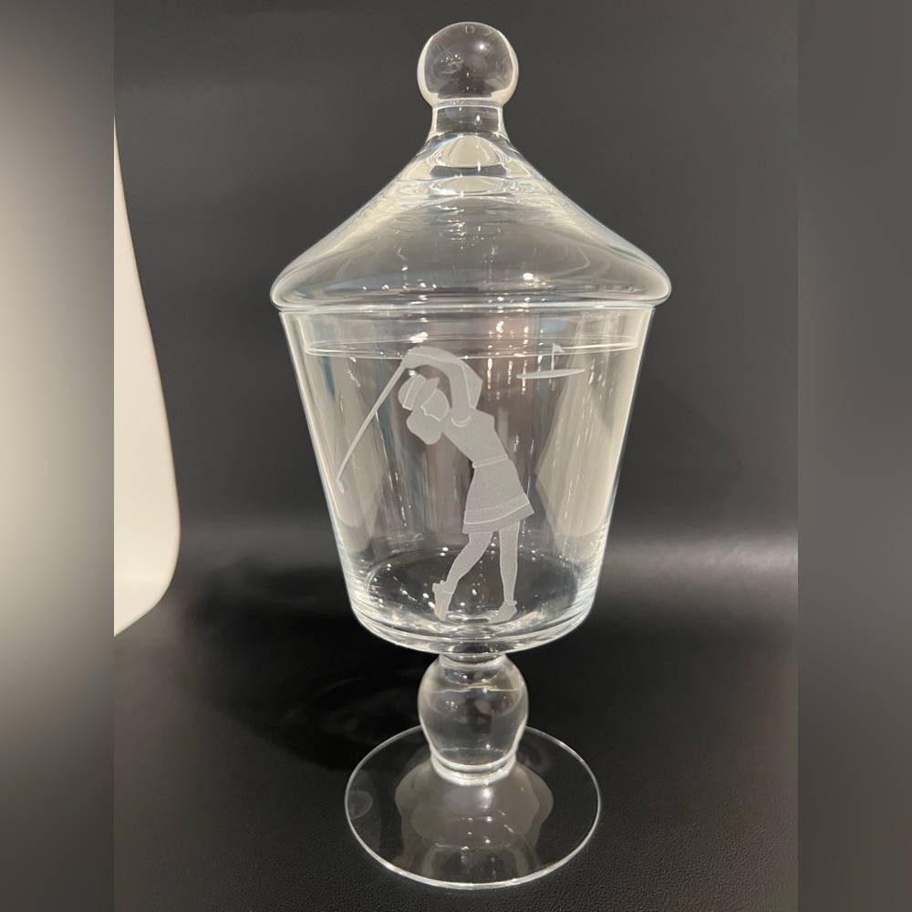 Vintage Woman Playing Golf Etched Art Glass Lidded Apothecary Candy Dish Rare - Picture 4 of 8